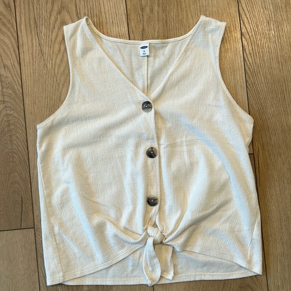 Cream Textured Button Down Tank Top with Front Tie Detail